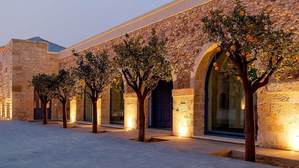 Un edificio de piedra con un hilera de árboles y ventanas amplias.