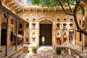 Un patio con una puerta grande y ornamentada, plantas en macetas y detalles arquitectónicos tradicionales.