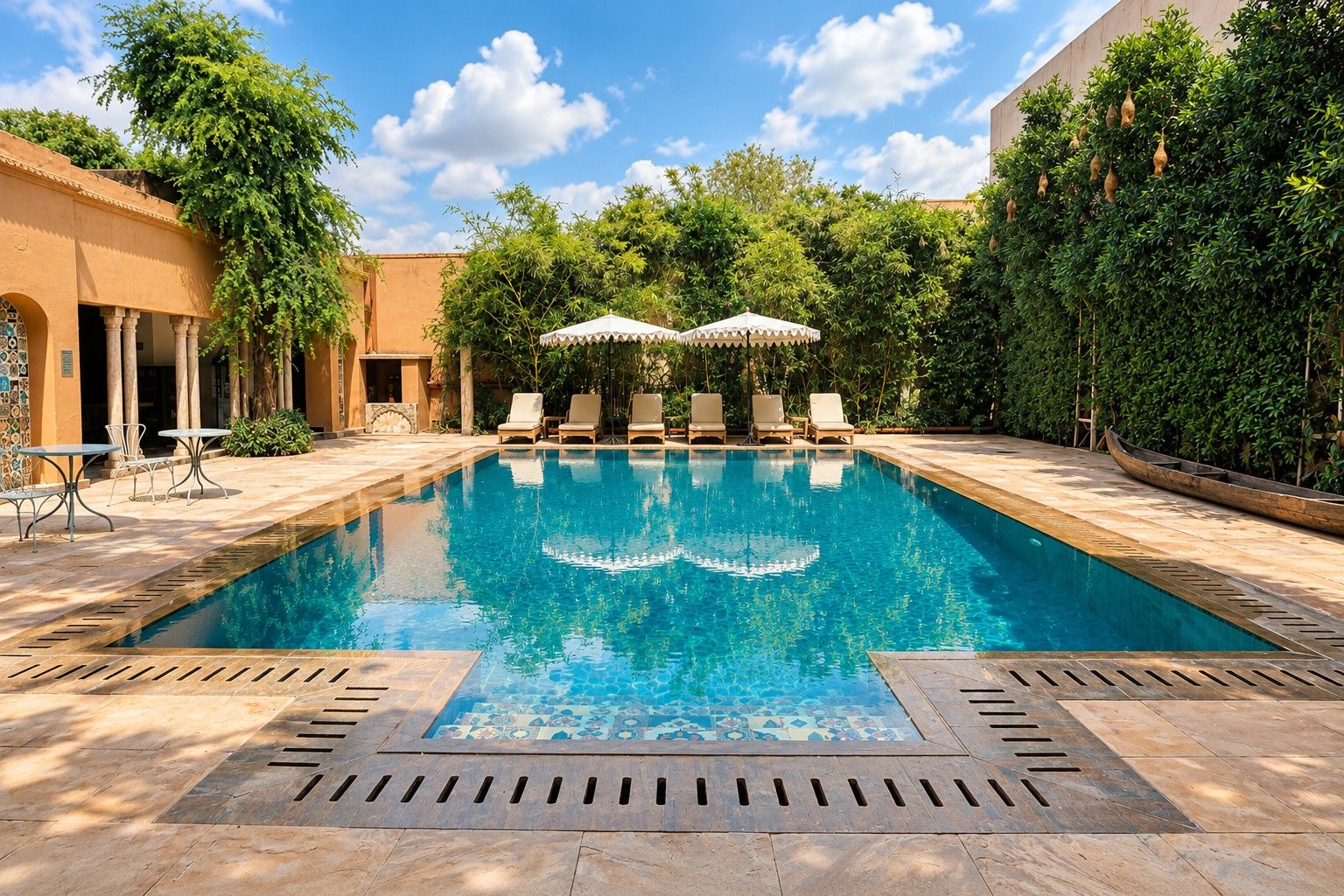 Una piscina rectangular con agua azul cristalina, rodeada de sillones de descanso y sombrillas, con un pavimento de baldosas y una pared de piedra en un lateral.
