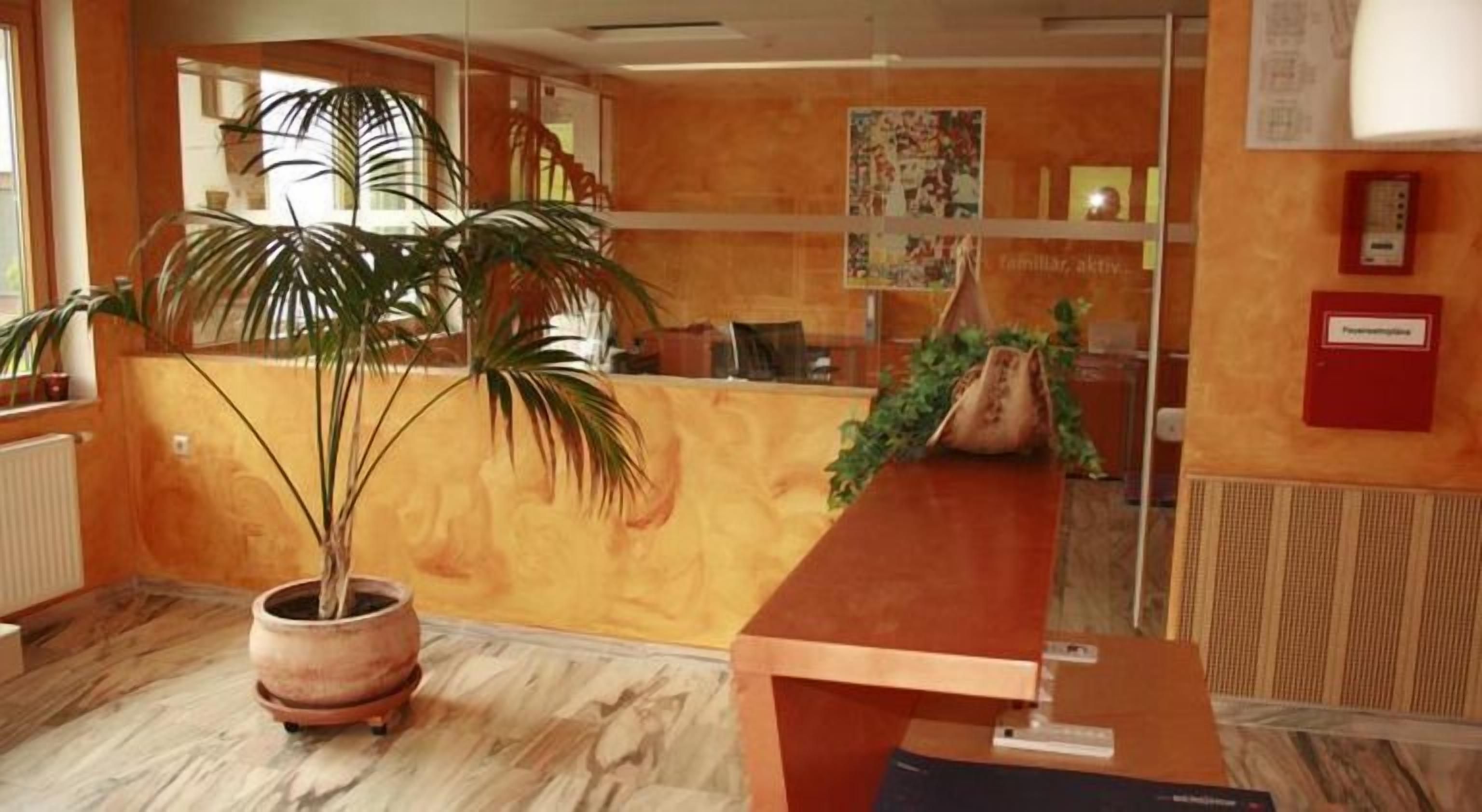 A reception area with a wooden reception desk, a large potted plant, and a wall with framed pictures.