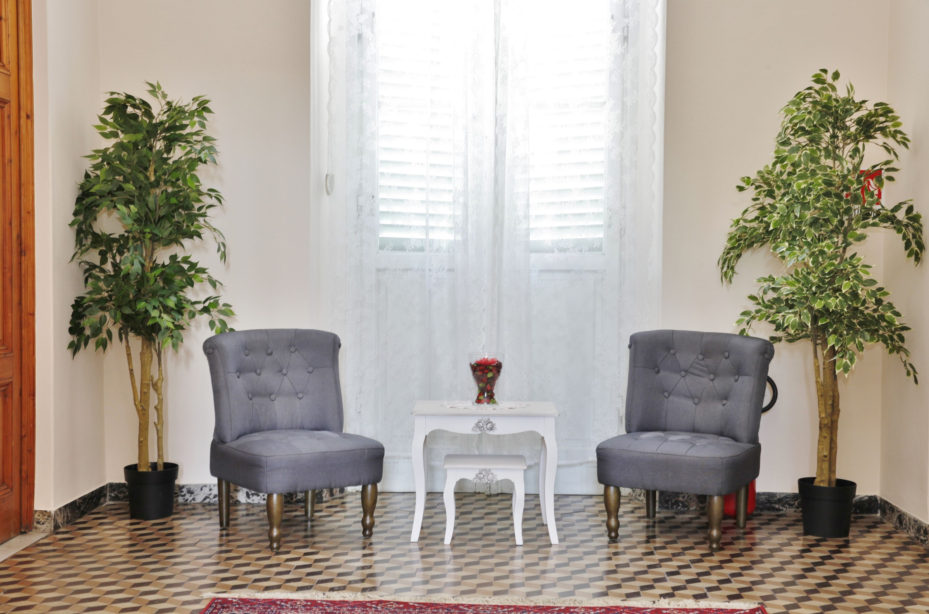 A room with two grey armchairs, a white side table with a vase, and two potted plants.