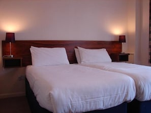 Habitación con 2 camas individuales | Escritorio, tabla de planchar con plancha, wifi gratis y ropa de cama 