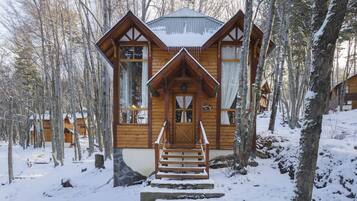 Una cabaña de madera con una escalera empinada que lleva a una puerta, rodeada de árboles cubiertos de nieve.