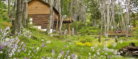 A rustic log cabin surrounded by a lush forest with a wooden deck and picnic table.