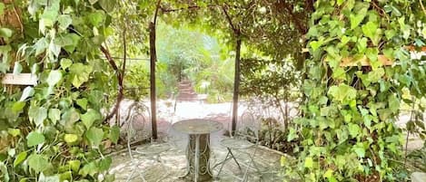 A stone-paved garden with a central table and chairs, surrounded by lush greenery.
