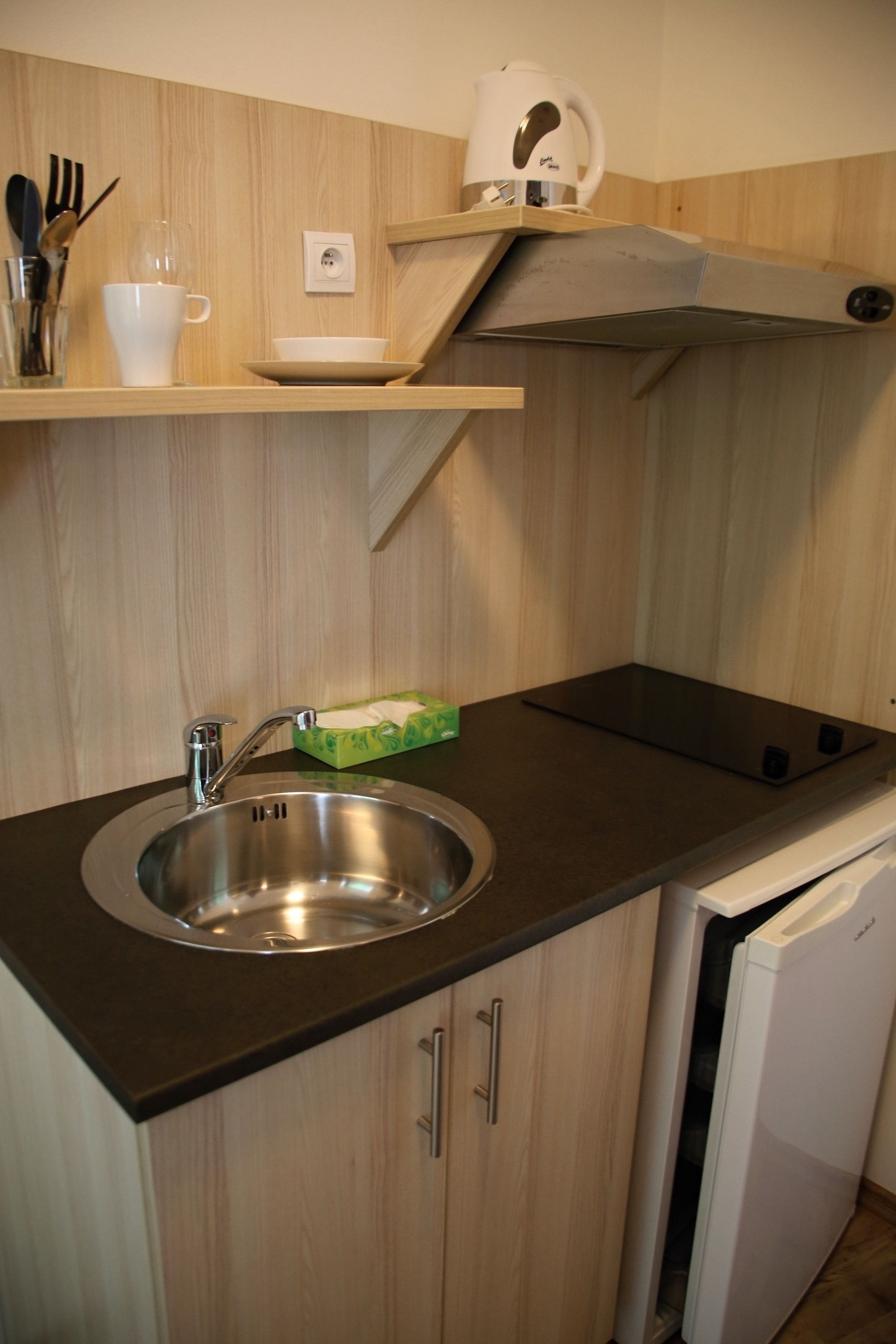 fridge, stovetop, electric kettle, cookware/dishes/utensils