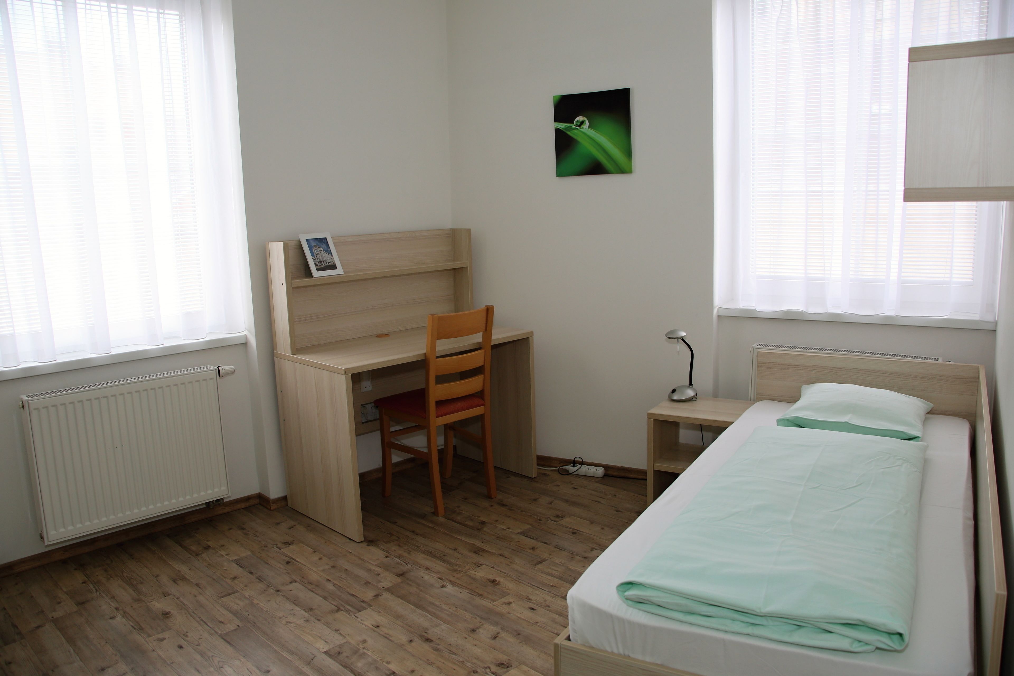 A bedroom with a wooden desk, a chair, a bed with a green blanket, and a picture on the wall.