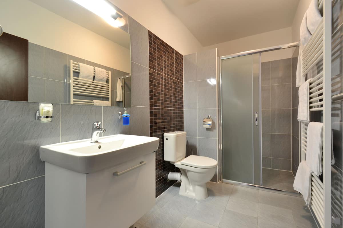 bathtub, free toiletries, hair dryer, towels