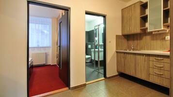A hotel room with a red carpet, wooden cabinets, a white radiator, and a glass door leading to a bathroom.
