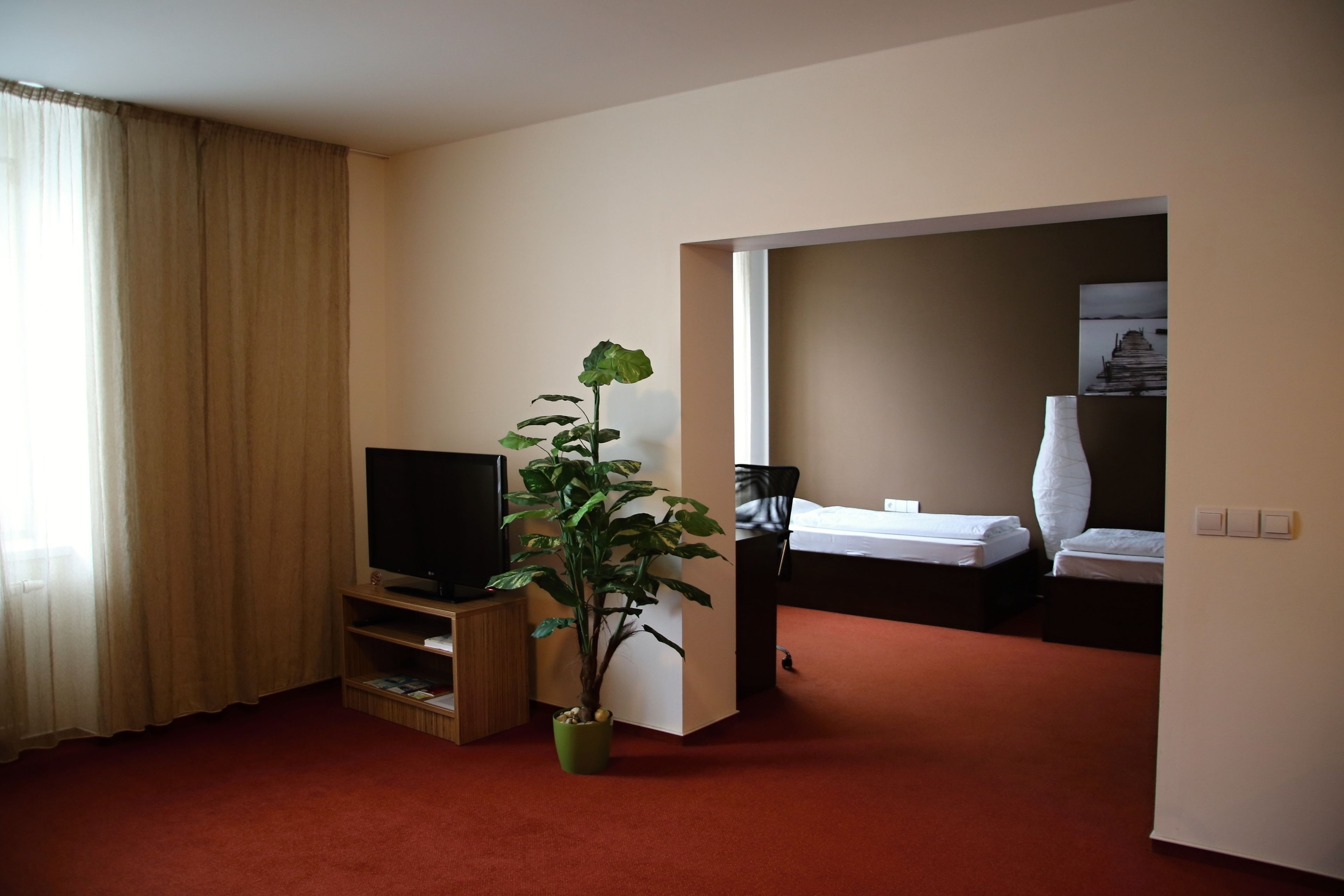Una habitación de hotel con televisión, una planta en maceta, una cama y una mesita de noche.