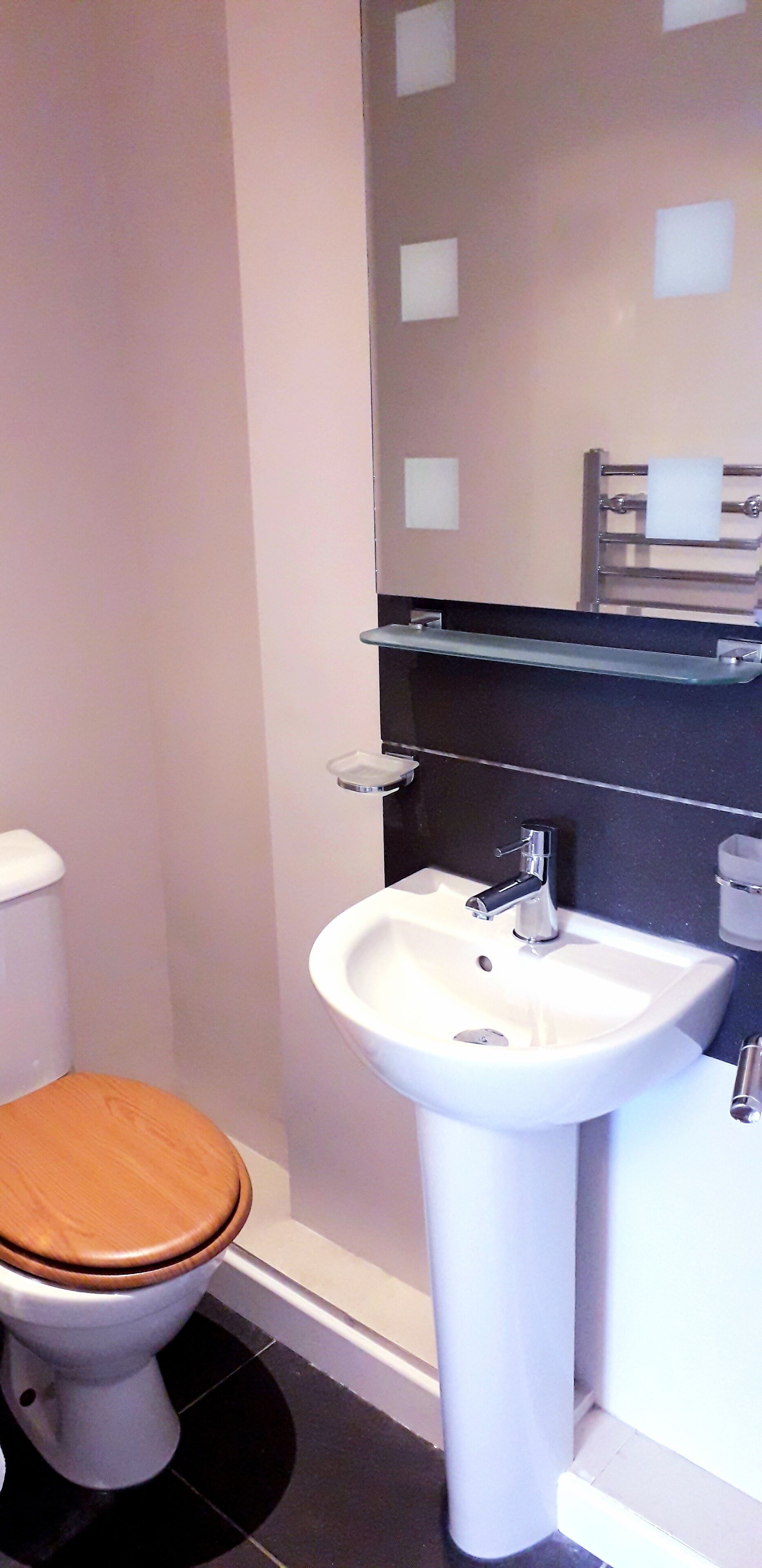 A bathroom with a toilet, a sink, and a mirror.