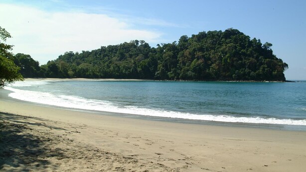 Una playa con agua azul cristalina, orilla arenosa y una isla boscosa al fondo.