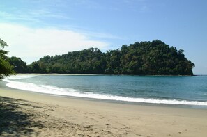 Uma praia com águas azul-claras, areal arenoso e uma ilha arborizada ao fundo.