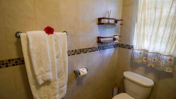 A bathroom with a white toilet, a towel rack with a white towel, a toilet paper holder, and a shower curtain with a pattern.