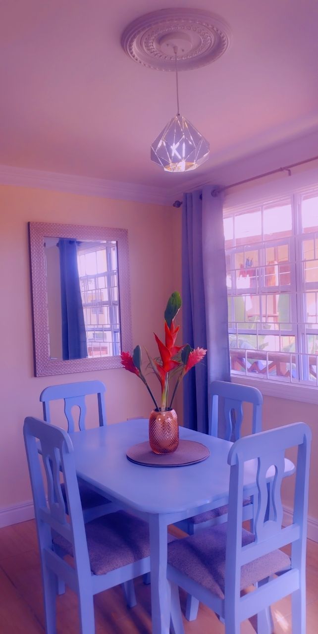 A dining area with a table and chairs, a vase with flowers, and a ceiling light fixture.