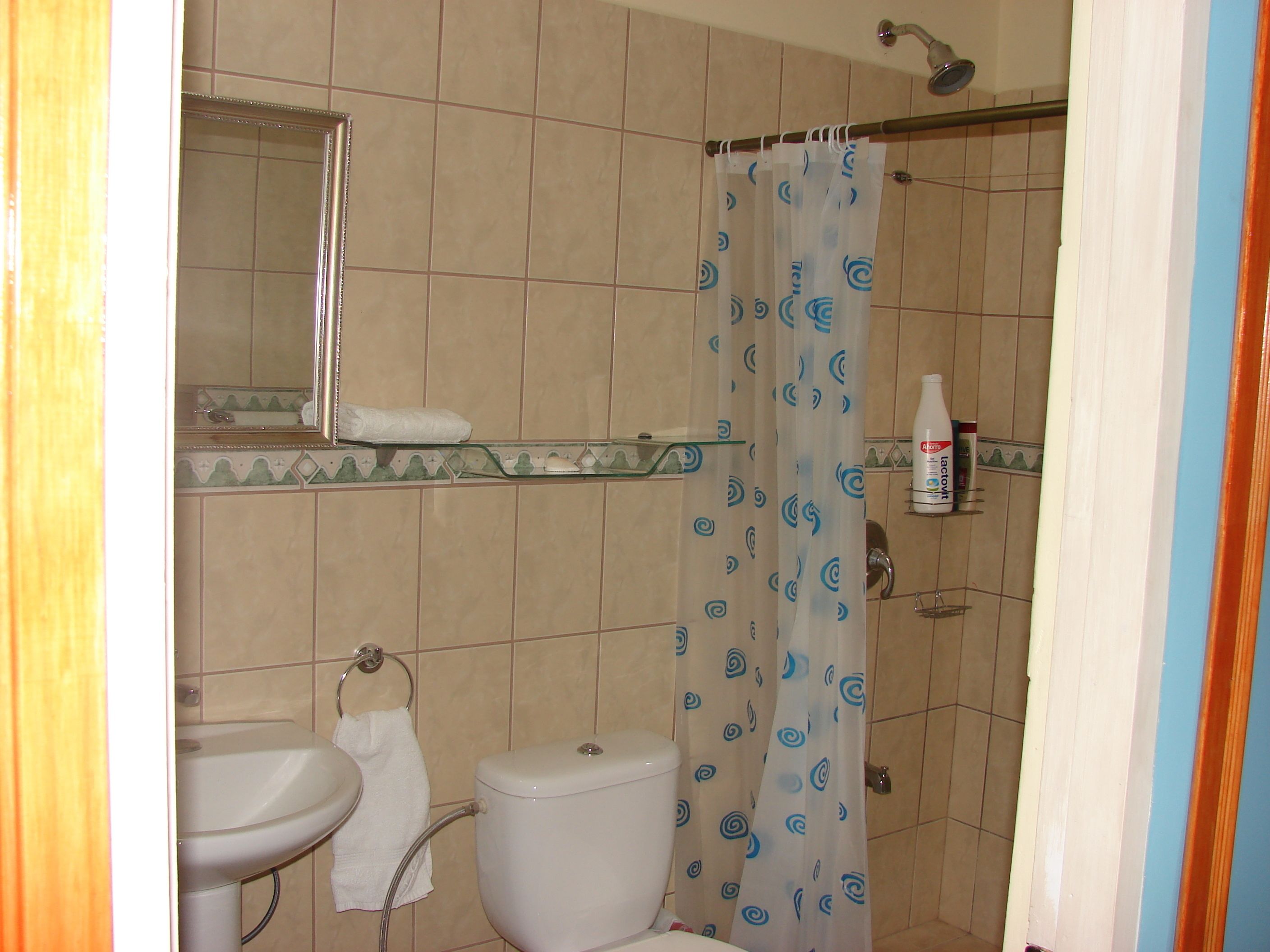 A bathroom with a toilet, sink, and shower curtain.
