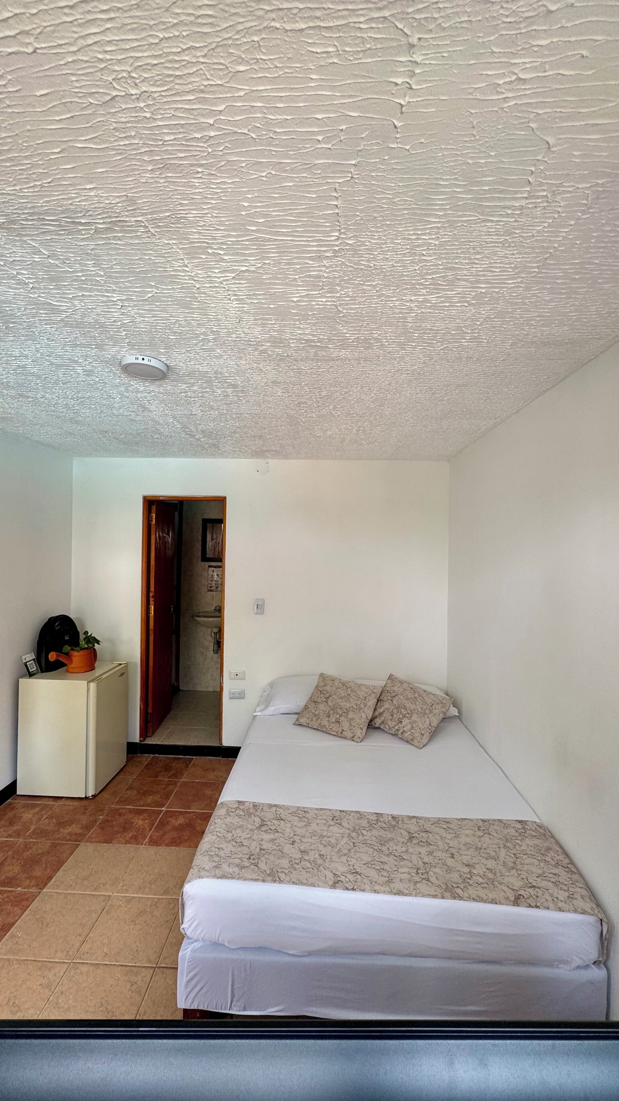 Een slaapkamer met een bed, een tafeltje met een plant en een deur naar een badkamer.