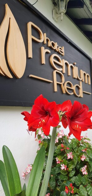A hotel sign with the name "Hotel Premium Red" and decorative wooden elements. - Premium Real (Medellín)