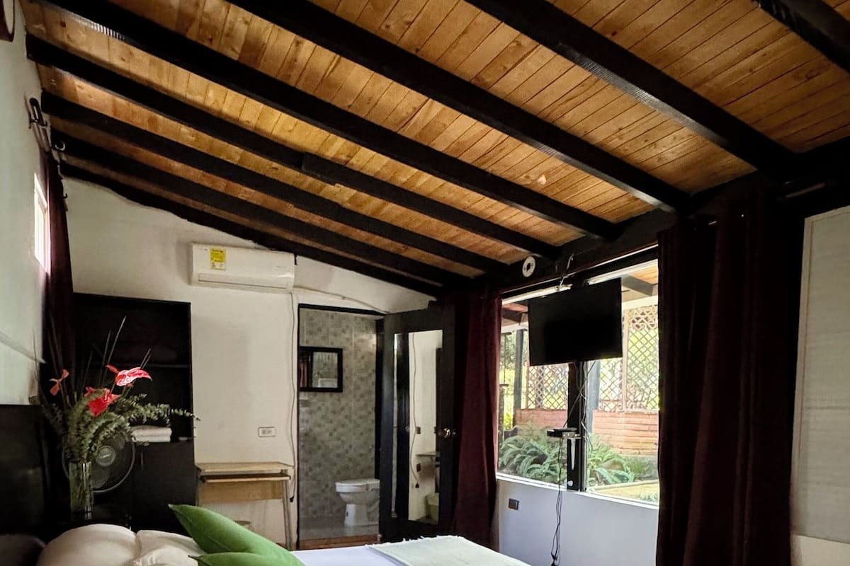 Une chambre avec un plafond en bois, un lit avec une literie blanche et des coussins verts, un téléviseur fixé au mur et une fenêtre avec des rideaux.