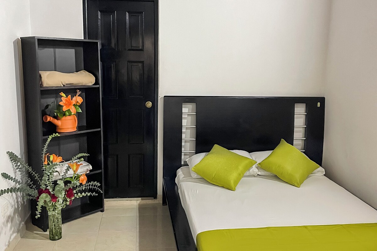 A bedroom with a bed, a black wardrobe, a door, and a small plant.