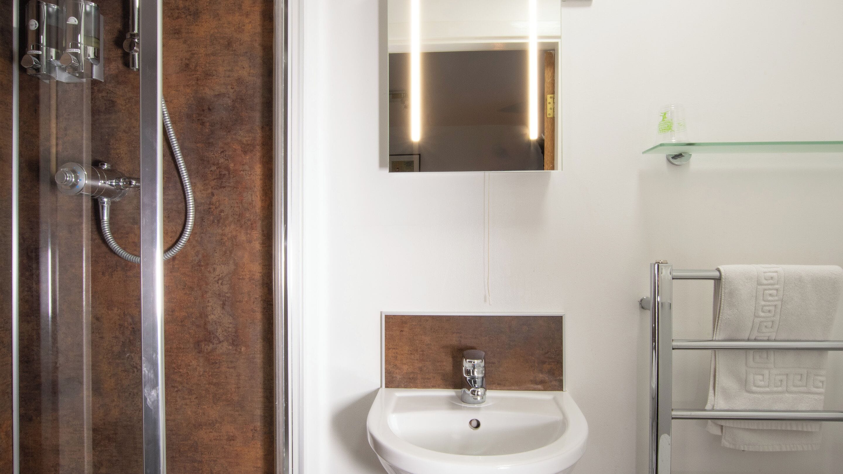 A modern bathroom with a glass shower enclosure, a white sink, and a towel rack.