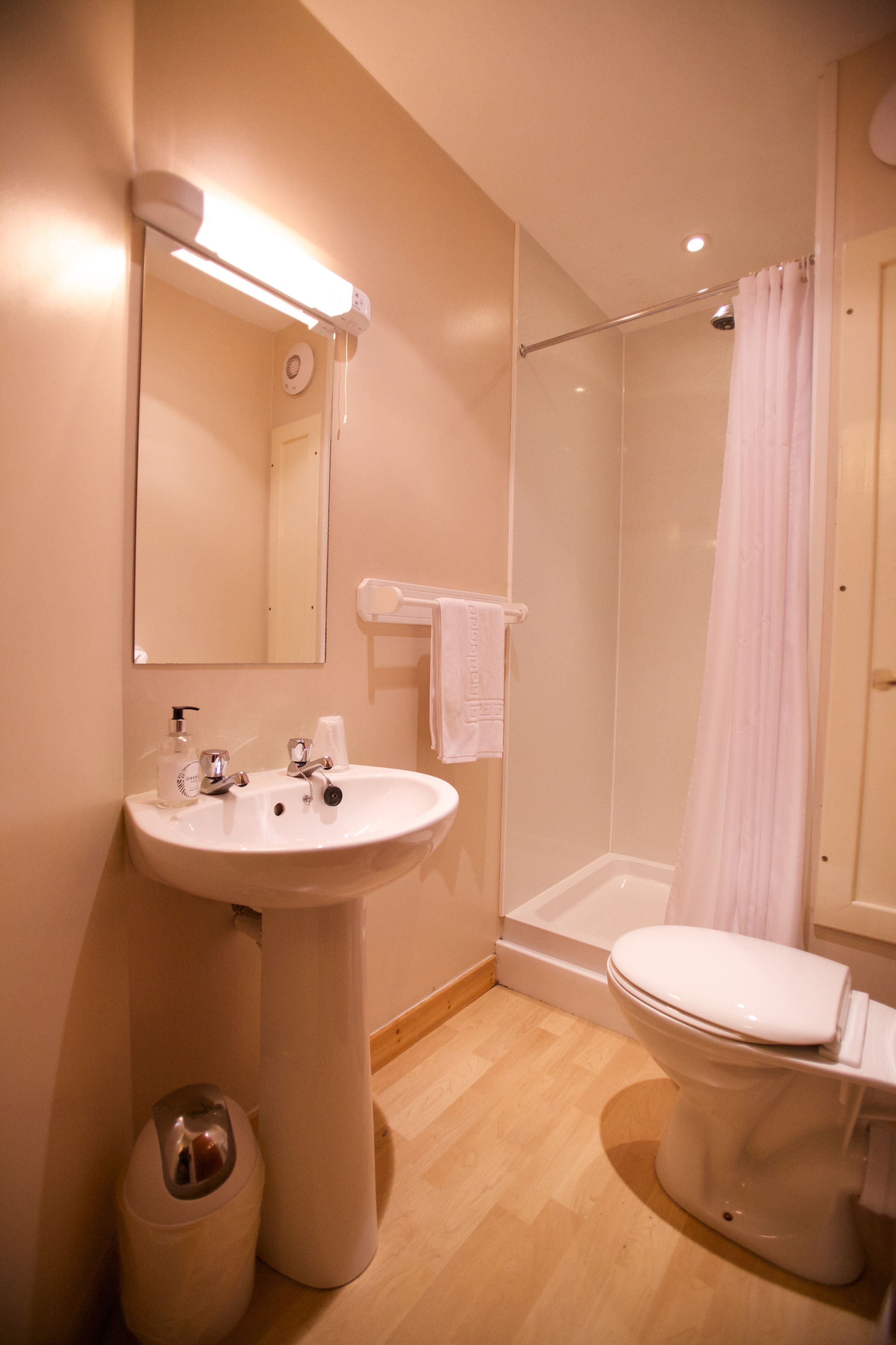 A bathroom with a sink, mirror, toilet, and shower.
