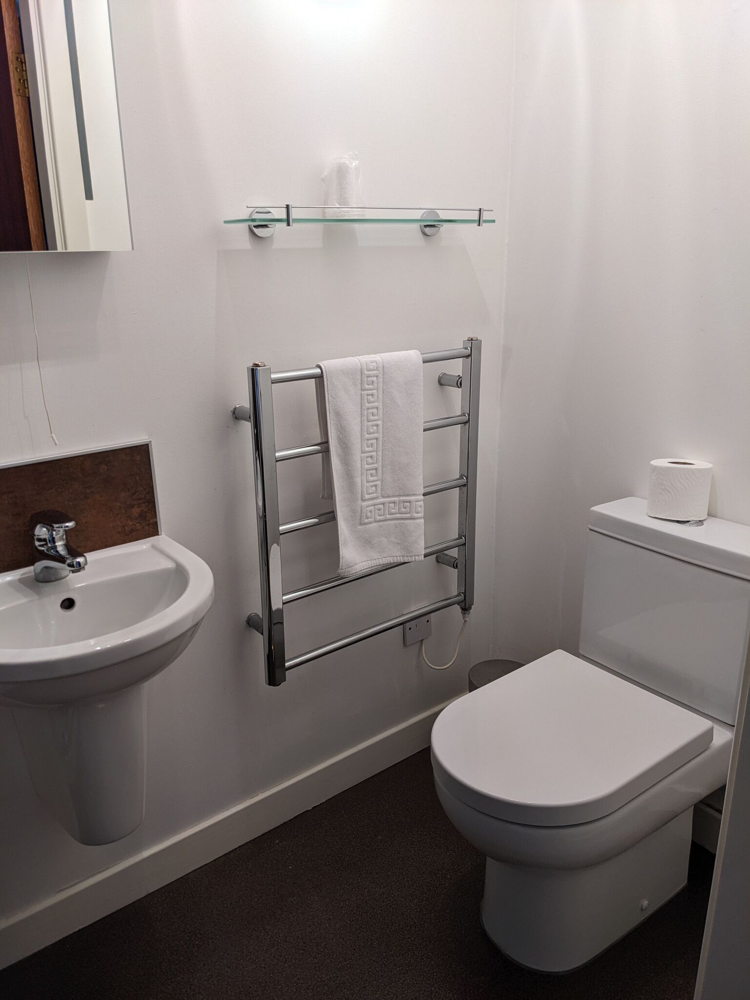 A bathroom with a white sink, a glass towel rack, a toilet, and a mirror.