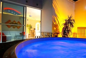 Una piscina con un recinto in vetro, un muro in pietra e una pianta.