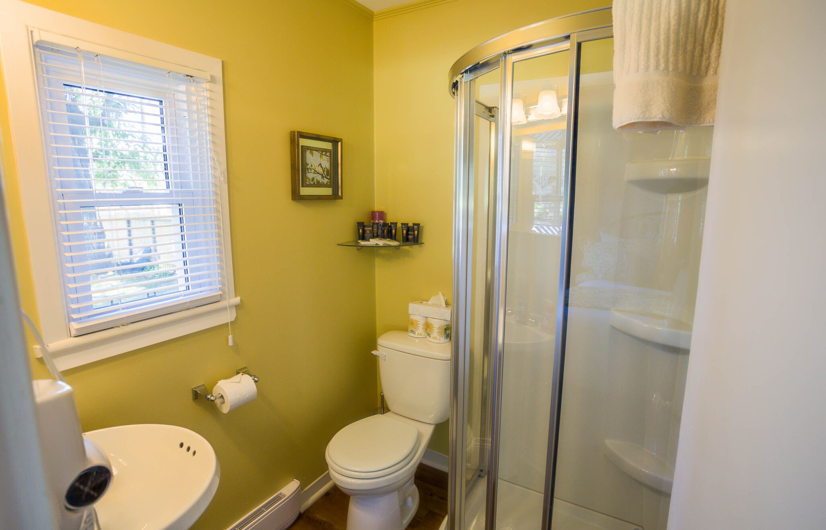 A bathroom with a toilet, sink, and glass shower enclosure.