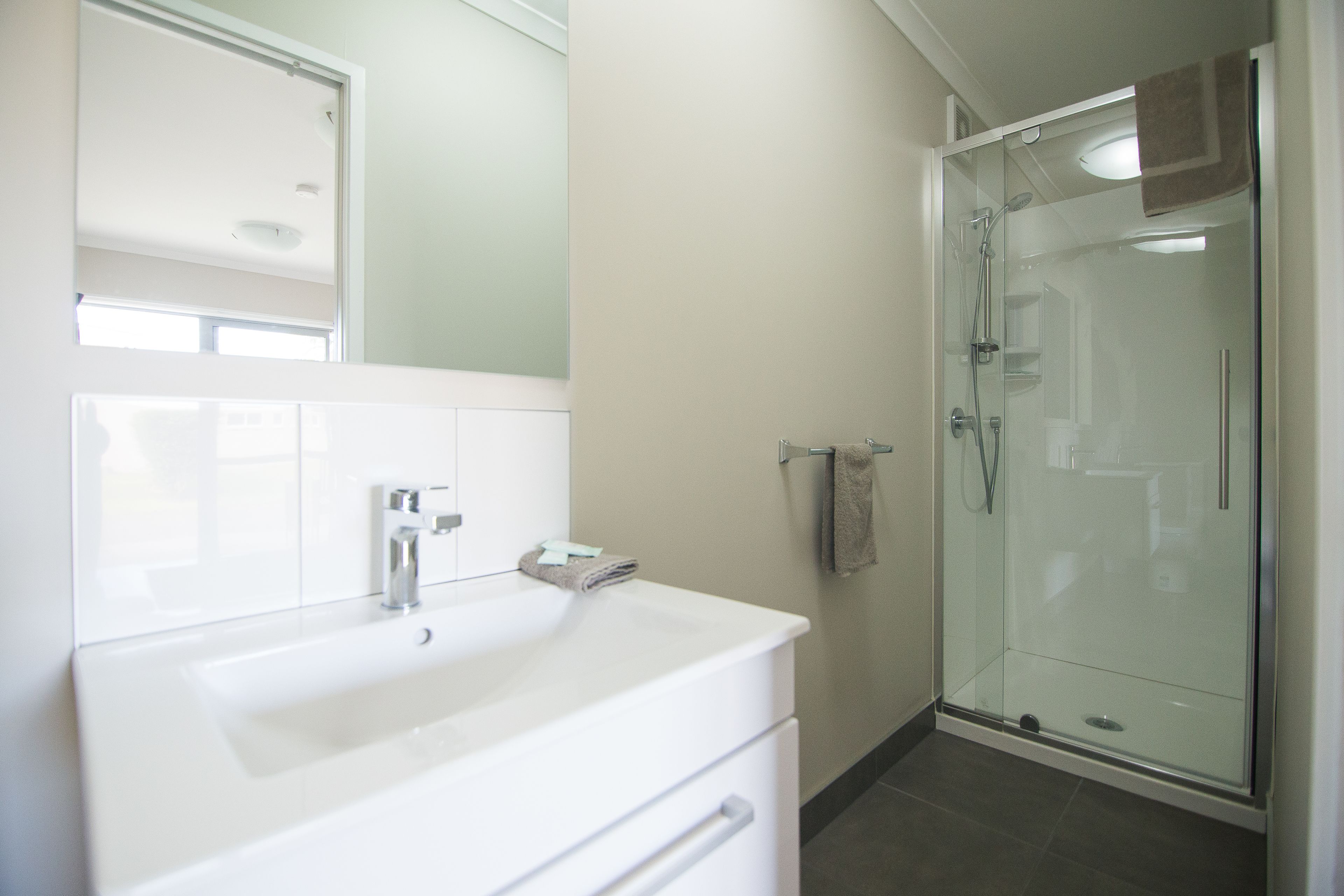 Une salle de bain moderne avec une douche à parois de verre, un lavabo blanc et un miroir au-dessus du lavabo.