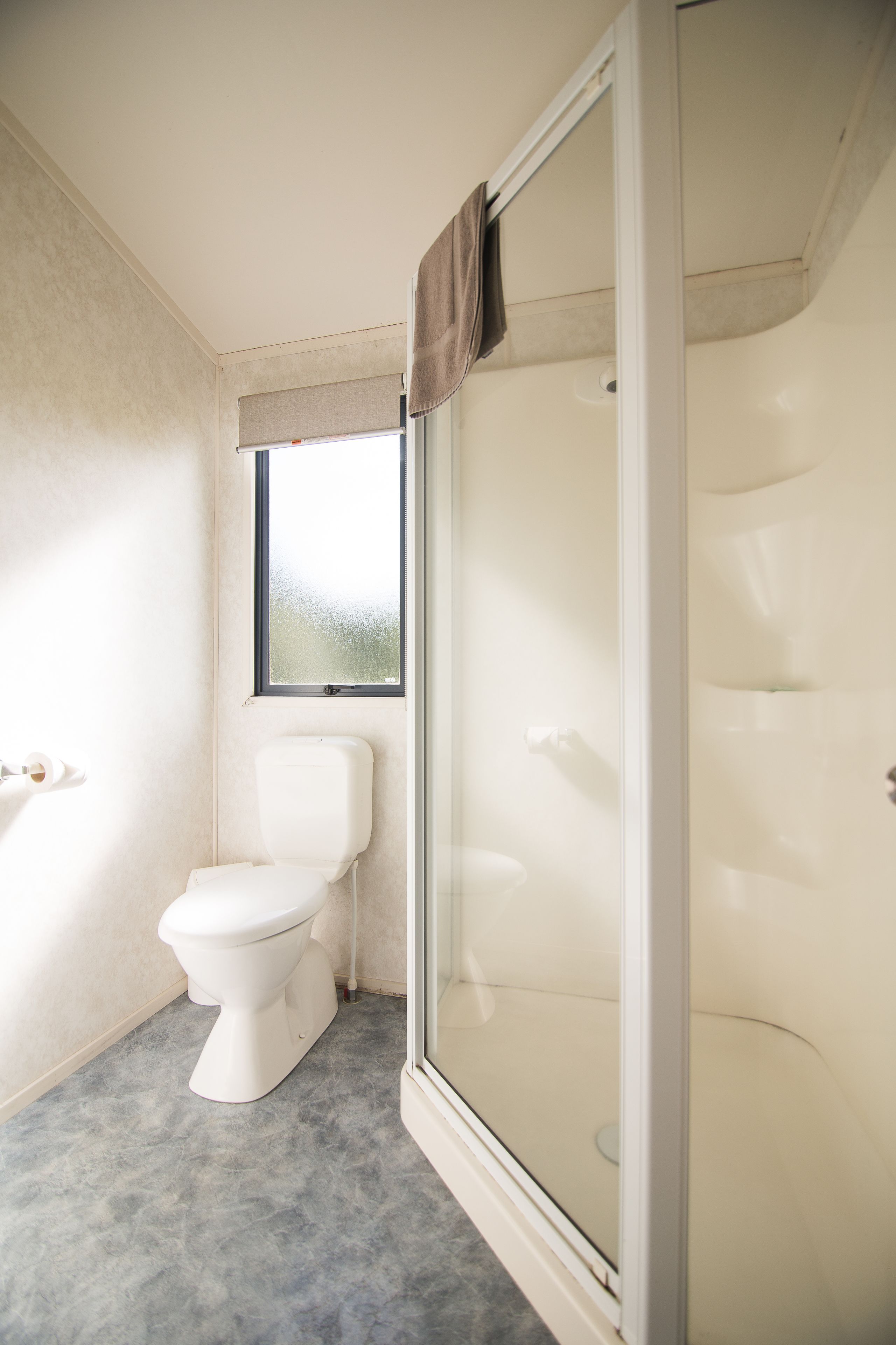 A bathroom with a toilet, a glass shower enclosure, and a window with a frosted glass view.