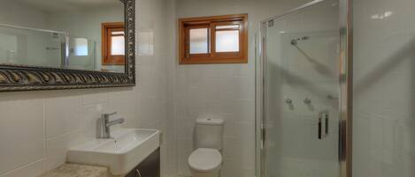 Ein Badezimmer mit Duschkabine, Waschbecken und Toilette.