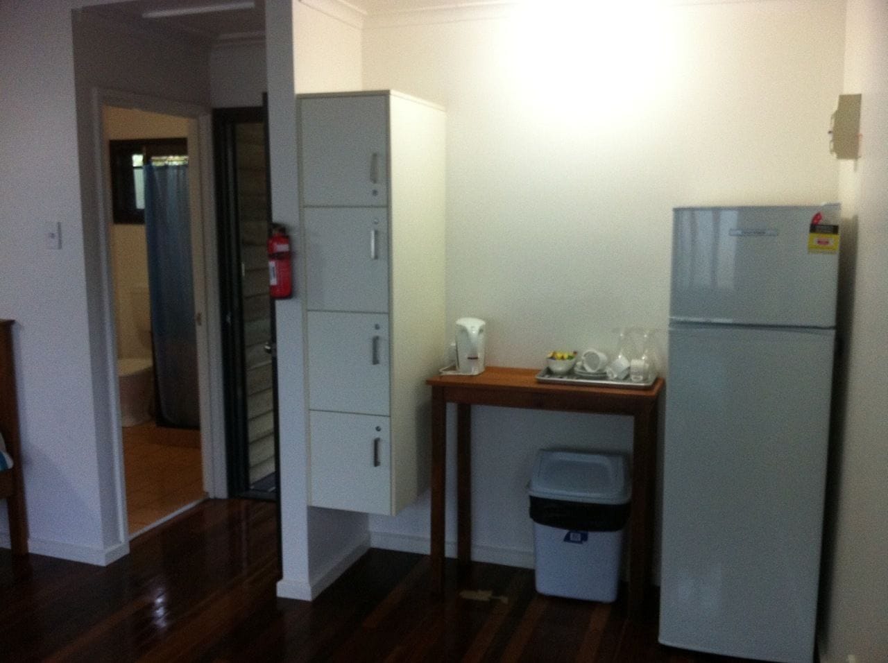 one bedroom bungalow | private kitchenette | fridge, microwave, electric kettle, cookware/dishes/utensils