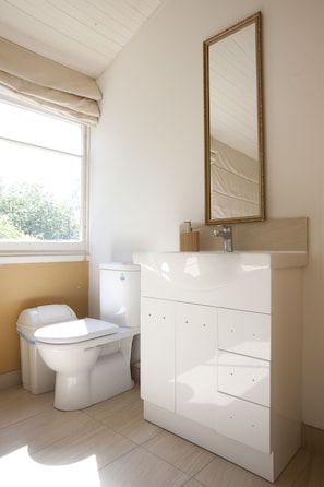 A bathroom with a toilet, a sink, a mirror, and a window. - Lowena Cafe and Accommodation (Hobart)