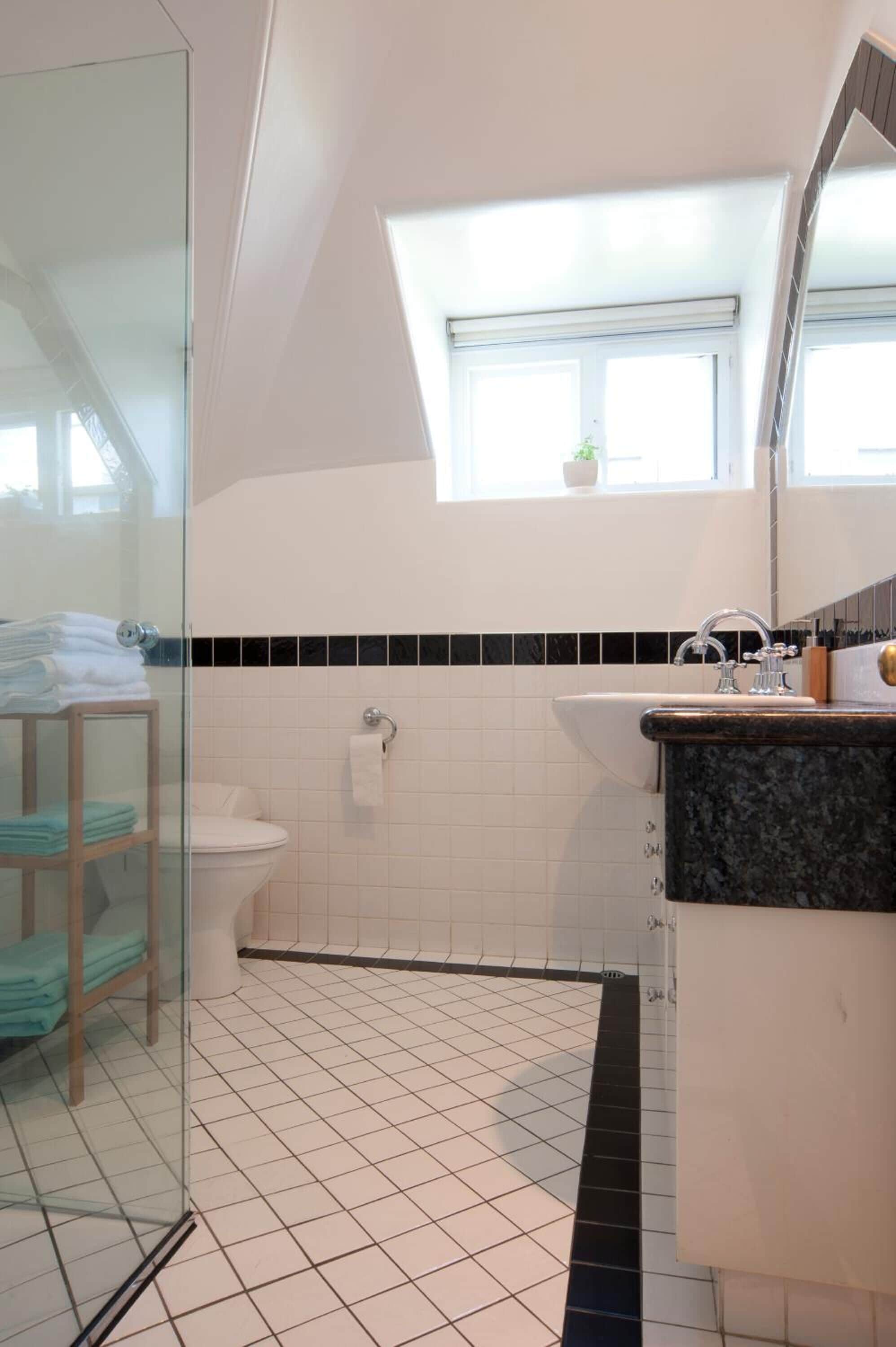 A bathroom with a glass shower enclosure, a white toilet, a black and white tiled floor, a sink with a black countertop, and a skylight above the toilet.