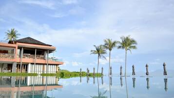 Outdoor pool, pool umbrellas, pool loungers