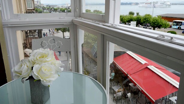 A view from a window with white roses in a vase, a red awning, and a body of water with boats in the distance. - Hostel Santander (Santander)
