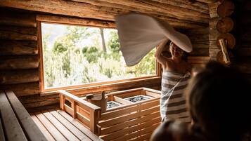 Outdoor treatment areas, sauna, hot tub, steam room, body treatments