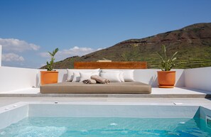 A modern outdoor seating area with a sofa and cushions, a pool, and potted plants.