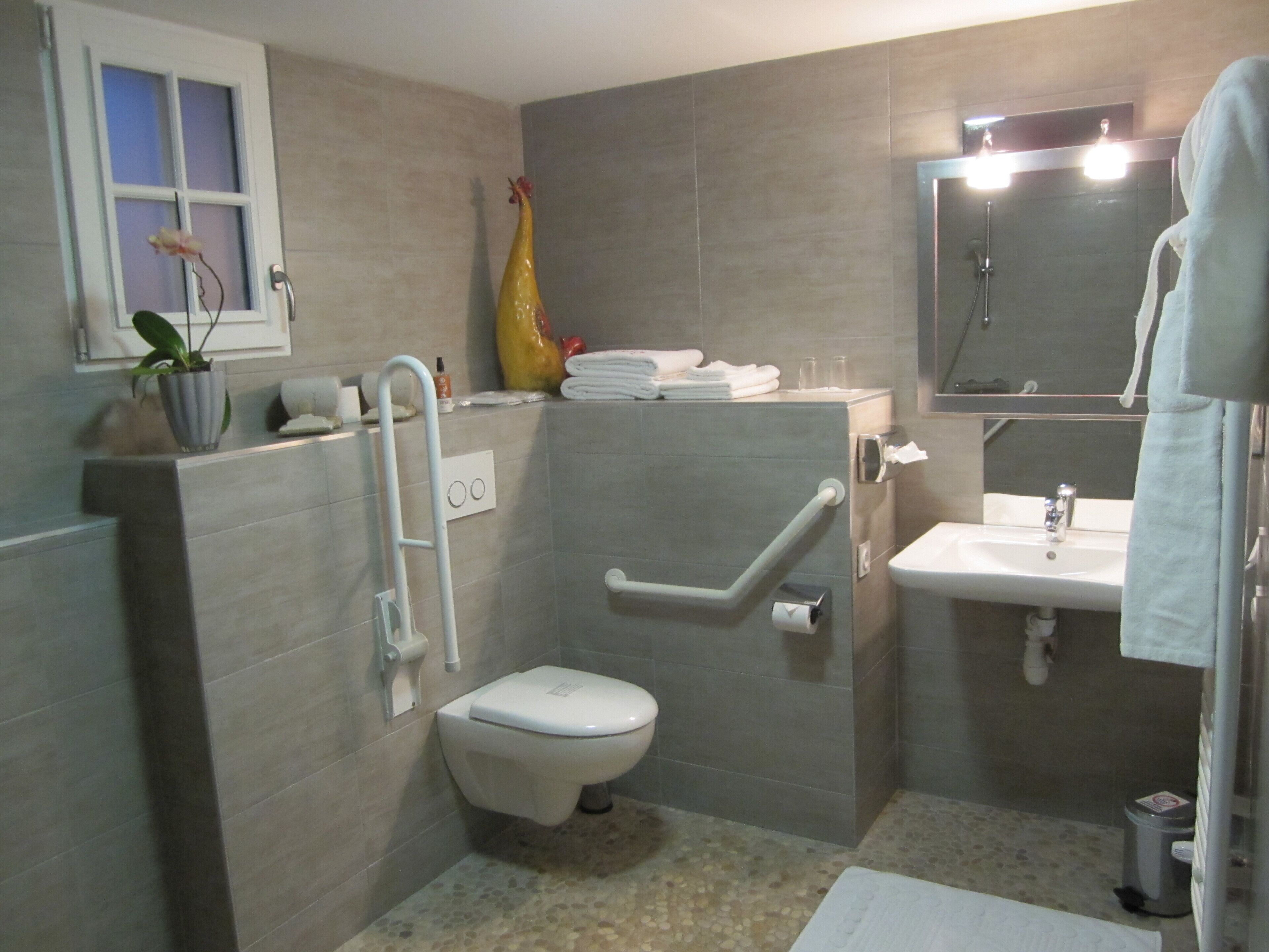 A modern bathroom with a toilet, sink, and shower. It includes a handrail, a towel rack, and a potted plant.