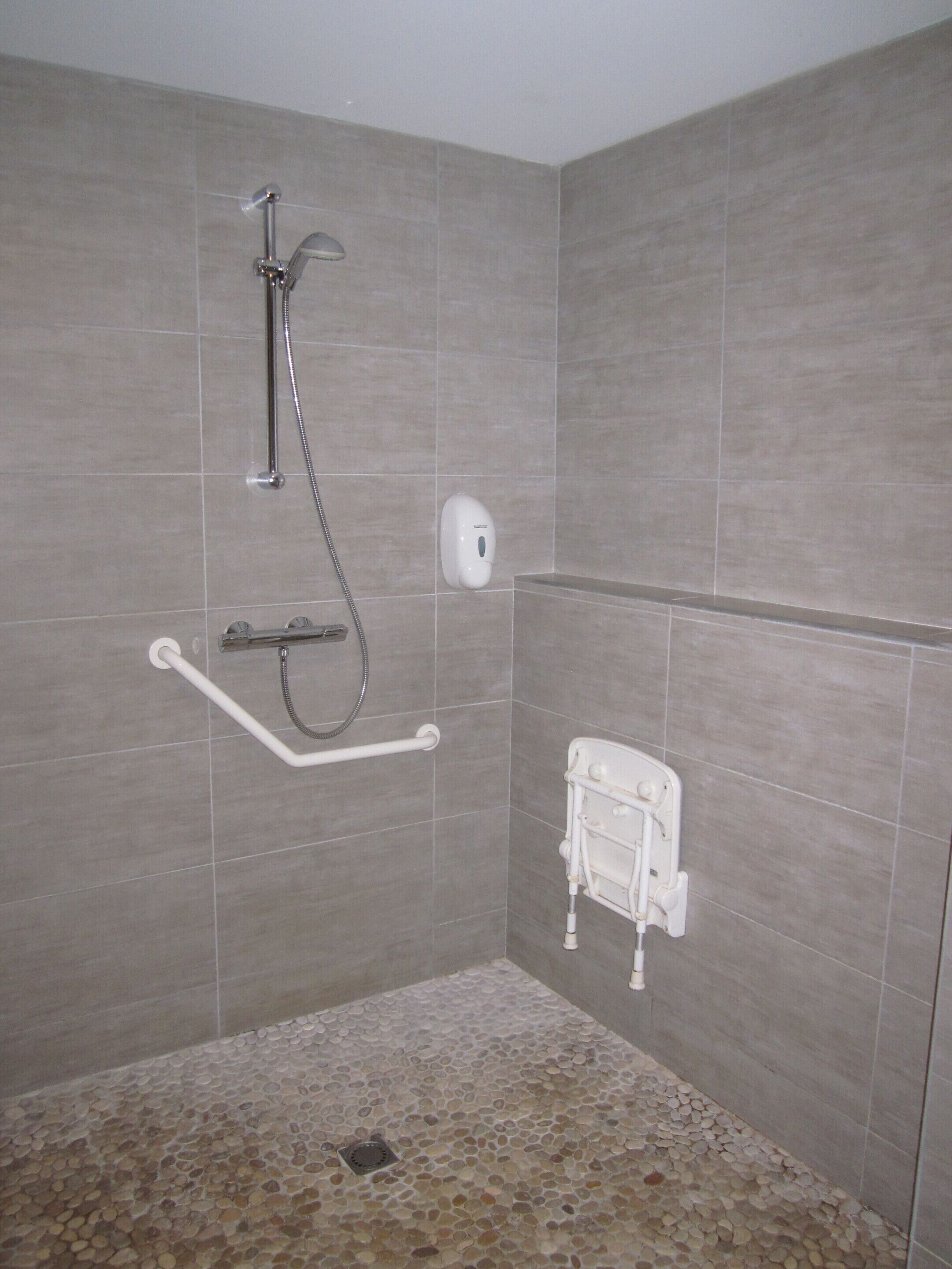 Zona de ducha con cabezal de ducha manual, manguera de ducha, barra de apoyo y dispensador de jabón.