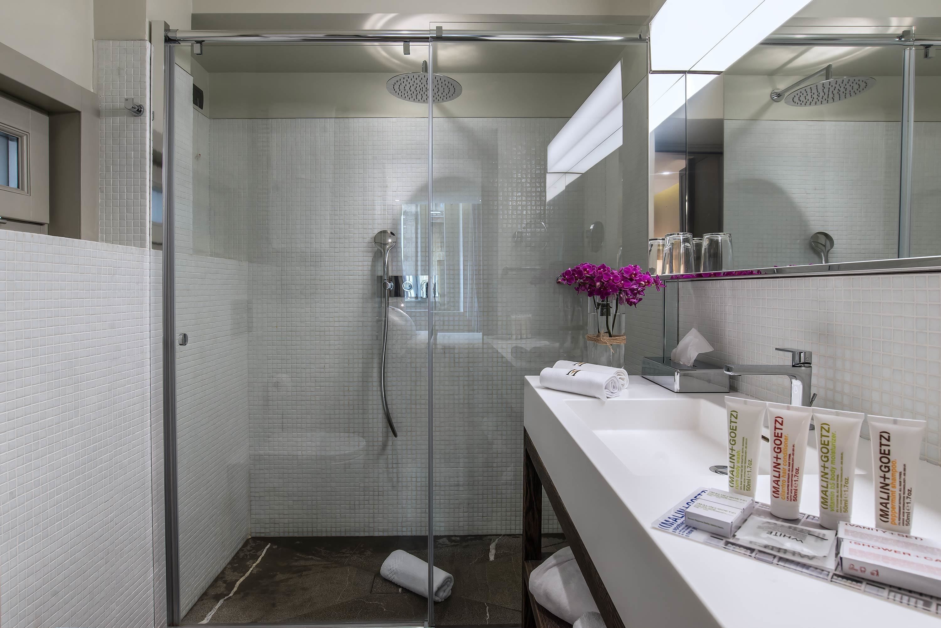 shower, rainfall showerhead, free toiletries, hair dryer