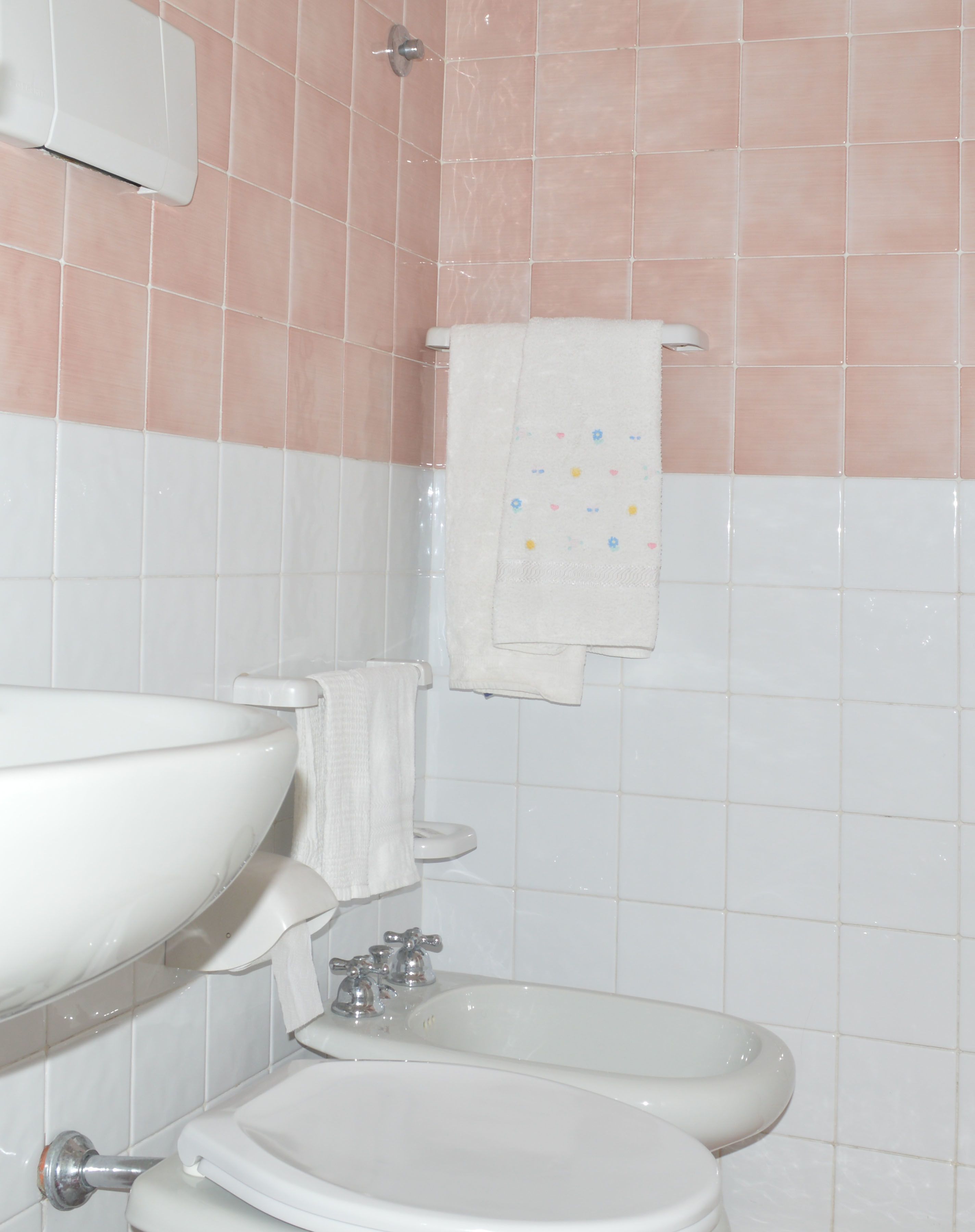 A bathroom with a sink, bidet, and towel rack.
