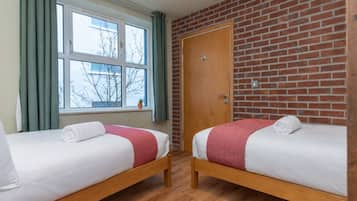 Habitación con 2 camas individuales, baño en la habitación | Ropa de cama hipoalergénica y tabla de planchar con plancha