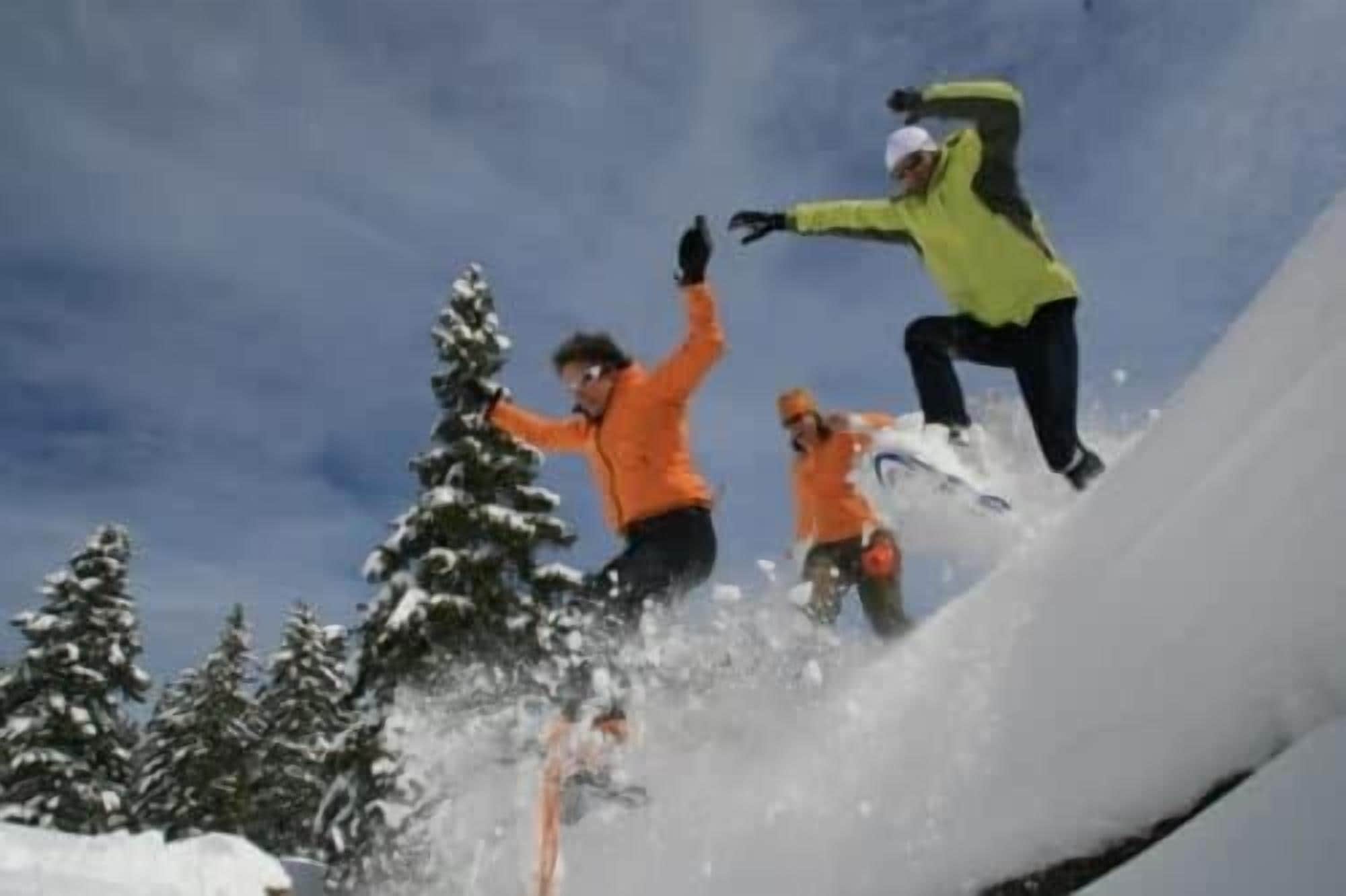 Un snowboardeur en mouvement, avec des arbres couverts de neige en arrière-plan.