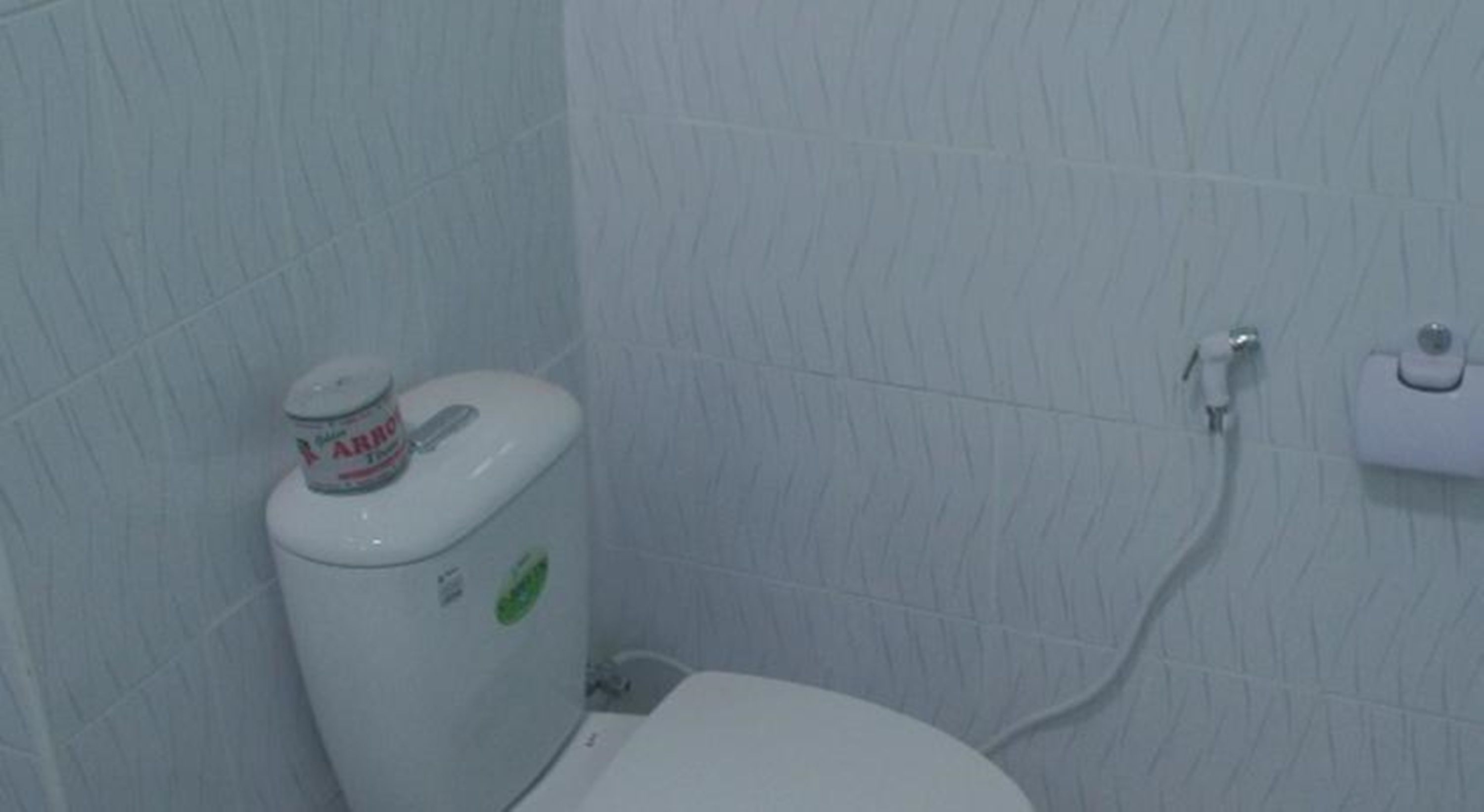 A small, white bathroom with a toilet and a wall-mounted toilet paper holder.