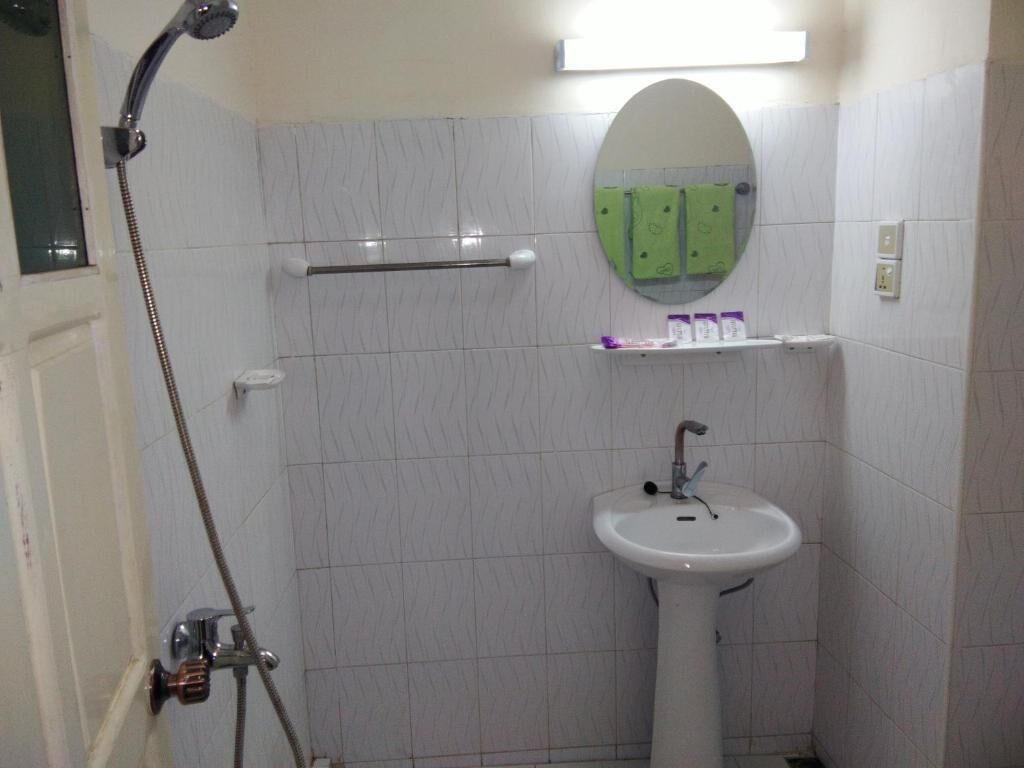 A bathroom with a shower, sink, and a mirror with a green towel rack.