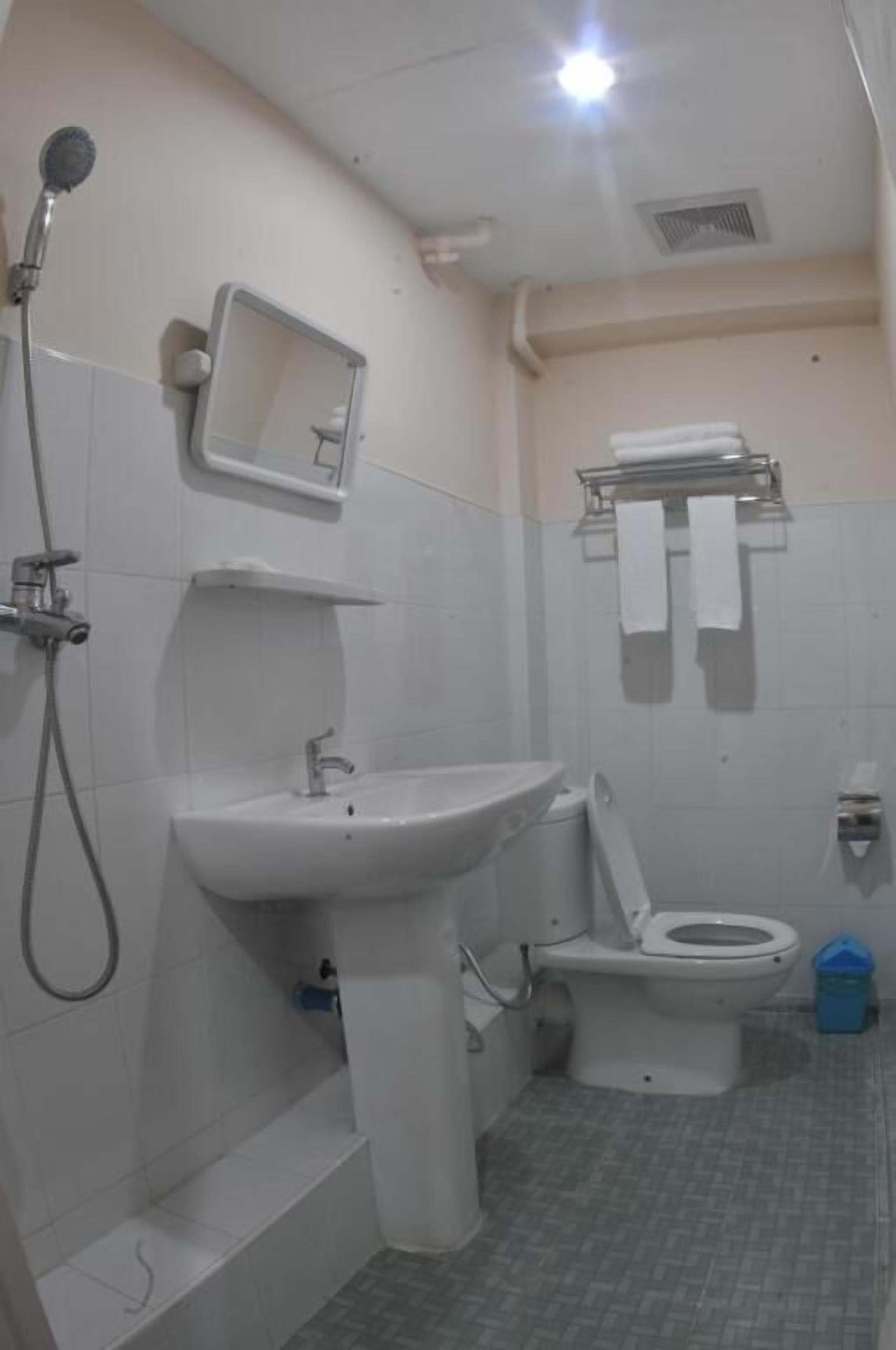 Un baño con lavamanos, inodoro y ducha.