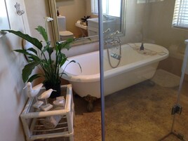 Un baño con una bañera blanca, cabina de ducha de vidrio y una planta en maceta.