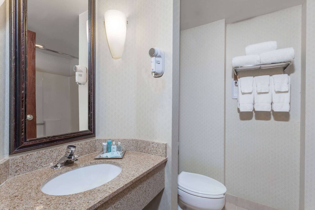 Un baño con lavamanos de granito, un espejo, toalleros con toallas, un inodoro y un secador de pelo en la pared.